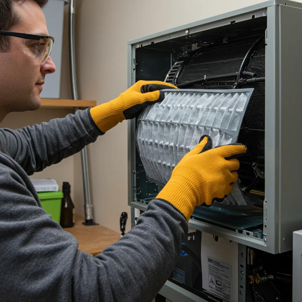 Save Money on HVAC: Essential Maintenance Tips to Follow 1 Homeowner replacing an air filter in their HVAC system, highlighting DIY maintenance