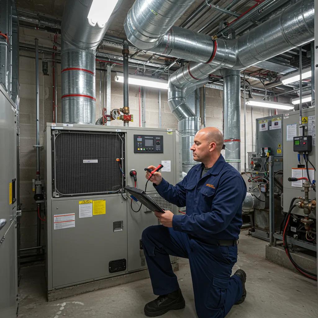 Save Money on HVAC: Essential Maintenance Tips to Follow 2 HVAC technician inspecting a heating system in a commercial building, showcasing professional services