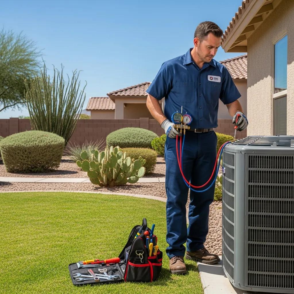 HVAC technician inspecting air conditioning unit in Nogales, AZ