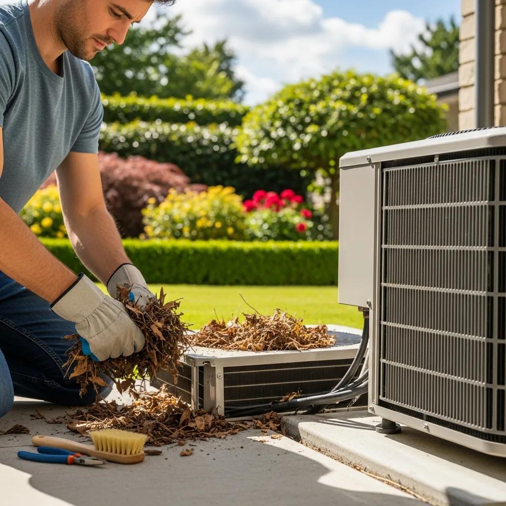 Spring HVAC Maintenance Checklist for Homeowners 2 Homeowner clearing debris from outdoor HVAC unit in spring