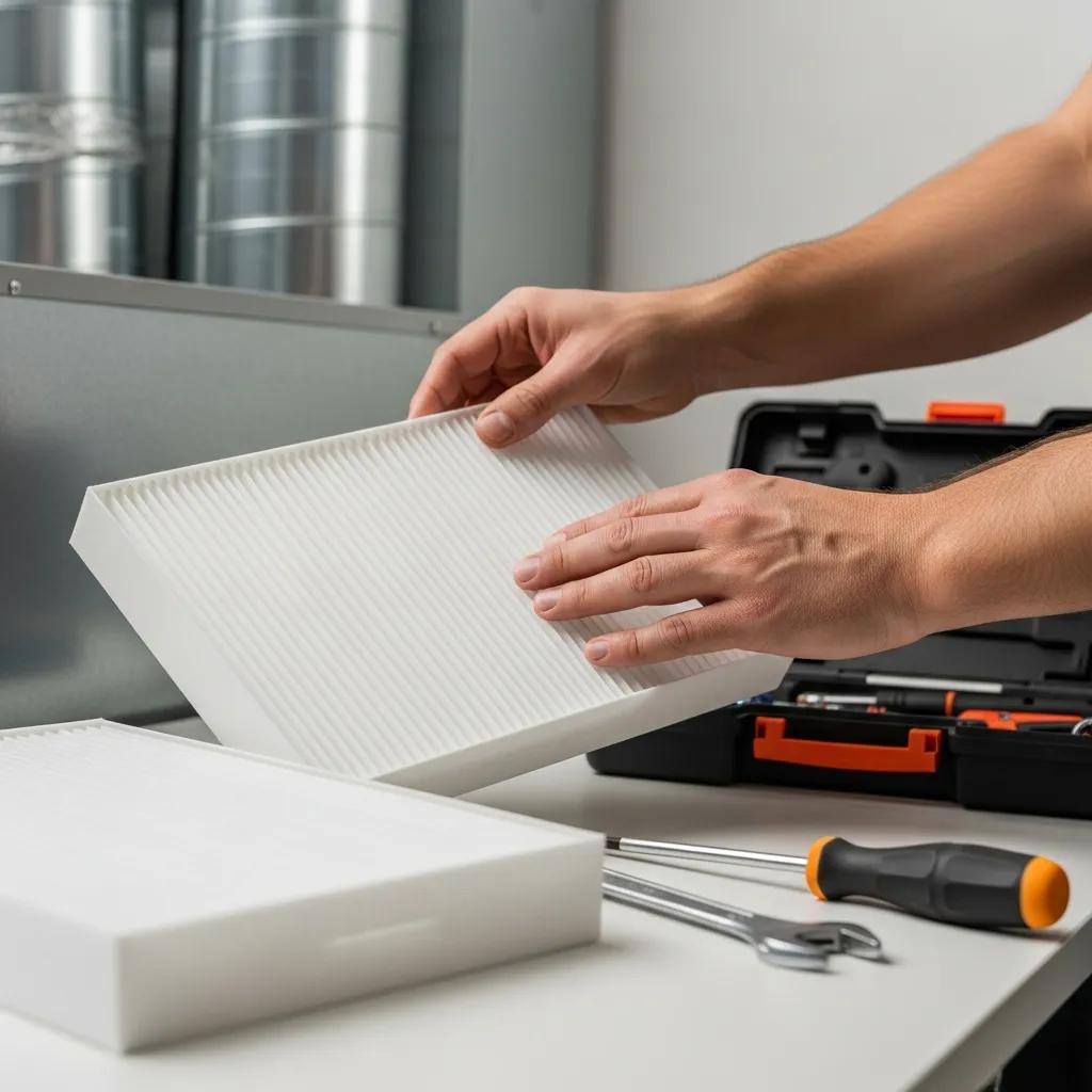 Spring HVAC Maintenance Checklist for Homeowners 1 Homeowner inspecting clean air filters for HVAC maintenance