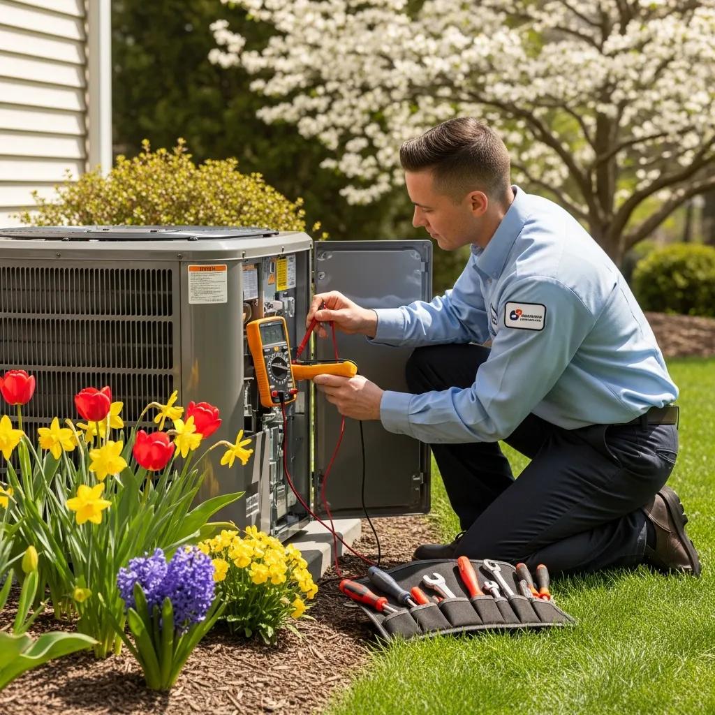 Technician performing HVAC maintenance in spring with blooming flowers
