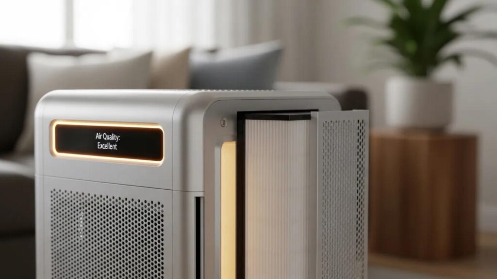 High-efficiency air purifier with HEPA filter in a stylish home setting, showcasing air quality improvement