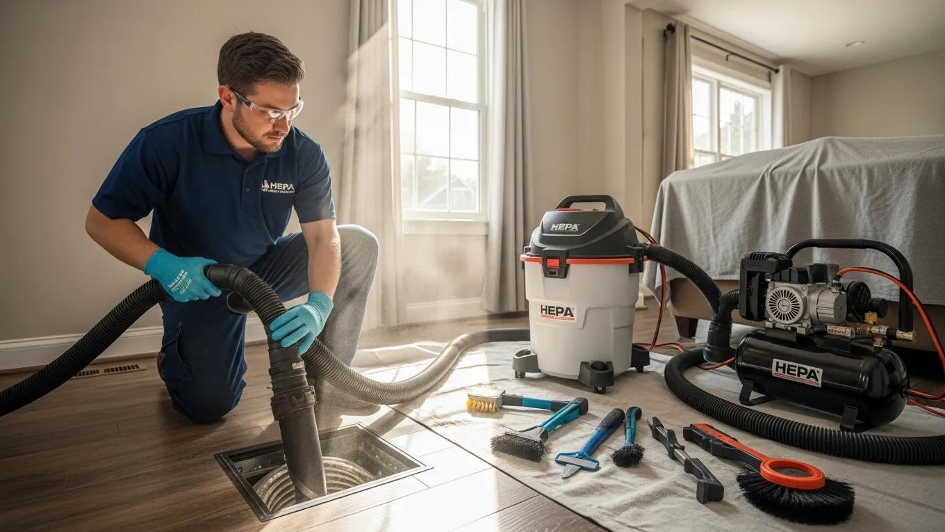 Top Ways to Improve Indoor Air Quality at Home 1 HVAC technician cleaning air ducts in a home, emphasizing the importance of regular duct maintenance